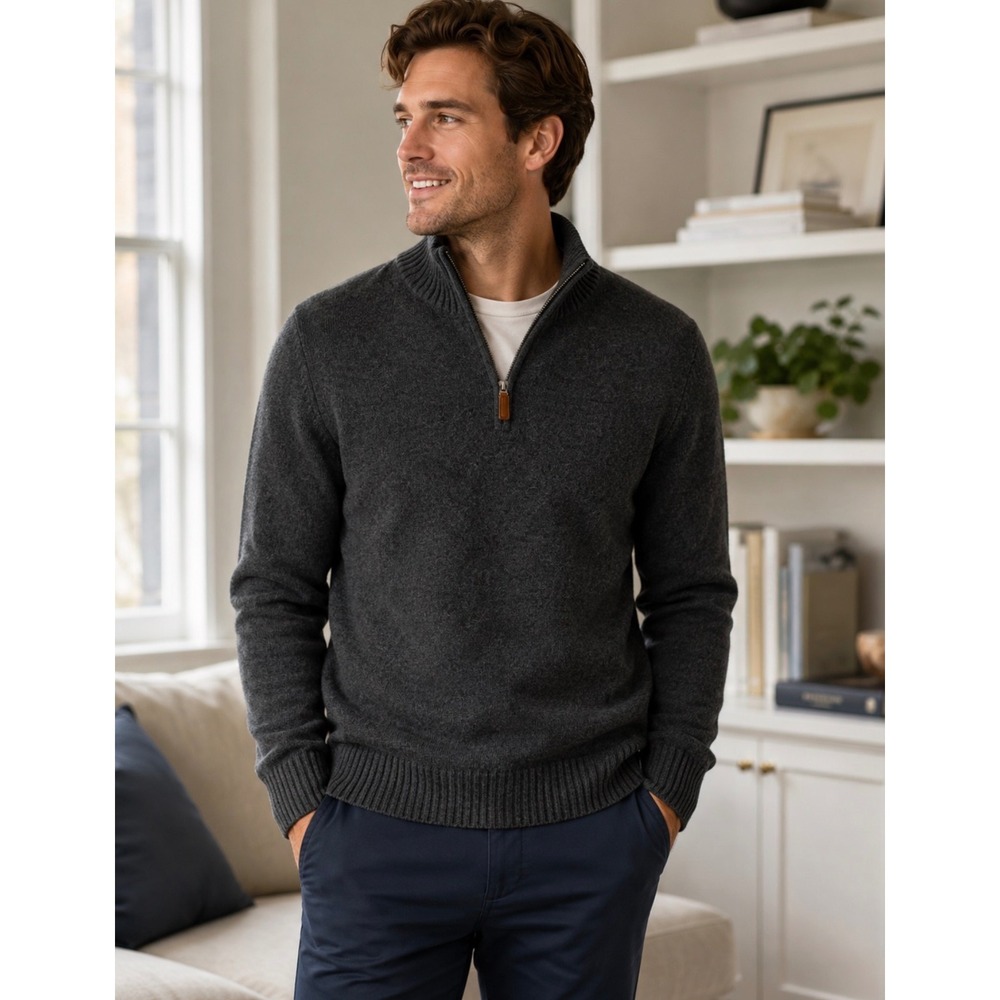 Bonobos Mens Lambswool Slim Fit Quarter Zip Mock Neck Sweater Charcoal Gray XL